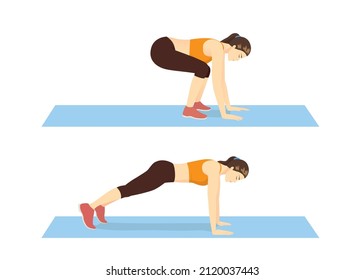 Woman doing Half Burpee in 2 steps for exercise guide. Illustration about correct workout diagram.