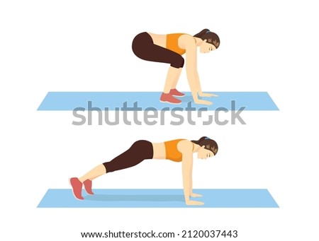 Woman doing Half Burpee in 2 steps for exercise guide. Illustration about correct workout diagram.