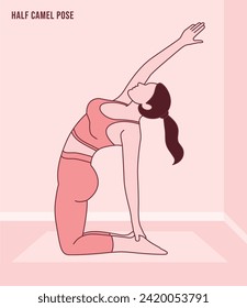 Woman doing Half Camel Pose. Practice Ardha Ustrasana. Flat vector illustration