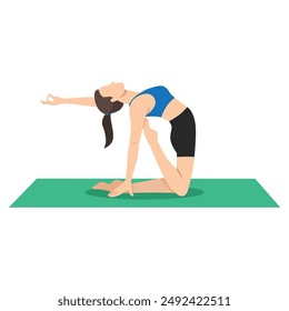 Frau macht Half Camel Pose Variation Hochgehobene Zehe oder Ardha Ustrasana Variation Hochgehobene Zehe Yoga Übung. Flache Vektorillustration isoliert auf weißem Hintergrund