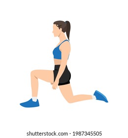 Woman doing half kneeling hip flexor stretch exercise. Flat vector illustration isolated on white background 