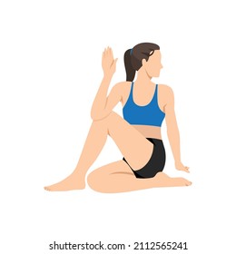 Woman doing half lord of the fishes ardha matsyendrasana exercise. Flat vector illustration isolated on white background