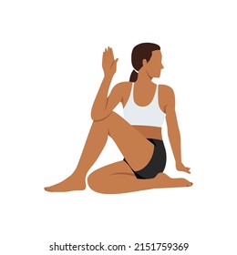 Woman doing half lord of the fishes ardha matsyendrasana exercise. Flat vector illustration isolated on white background