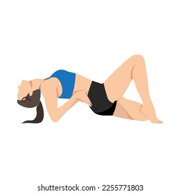 Woman doing Half lotus easy Fish Pose Variation. Beautiful girl practice Matsyasana Variation Padmasana Elbows. Flat vector illustration isolated on white background