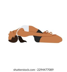 Woman doing Half lotus easy Fish Pose Variation. Beautiful girl practice Matsyasana Variation Padmasana Elbows. Flat vector illustration isolated on white background