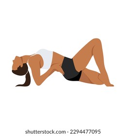 Woman doing Half lotus easy Fish Pose Variation. Beautiful girl practice Matsyasana Variation Padmasana Elbows. Flat vector illustration isolated on white background