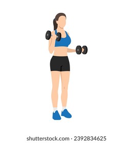 Woman doing Half static Dumbbell bicep curls exercise. Flat vector illustration isolated on white background