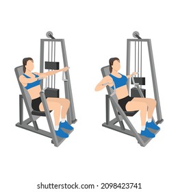 Woman doing Hammer strength machine. Seated chest press exercise. Flat vector illustration isolated on white background. Workout character