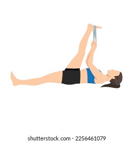 Woman doing Hamstring stretch with elastic band exercise. Flat vector illustration isolated on white background