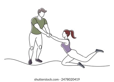 Mujer haciendo estiramientos de isquiotibiales con su pareja, garabatear Ilustración vectorial de arte de línea continua