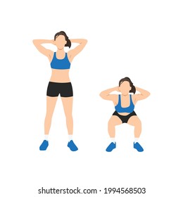 Woman doing Hands at the back of the head Bodyweight squats exercise. Flat vector illustration isolated on white background