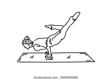 Woman doing handstand body balance movement on a mat, hand drawn line drawing vector illustration