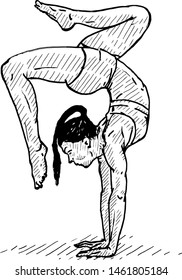 A woman doing a handstand. Hand drawn vector illustration. 