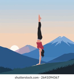Woman Doing Handstand in Nature with Mountains at Sunset