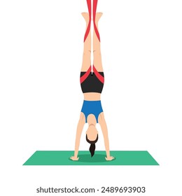 Woman doing Handstand Pose Aerial or Adho Mukha Vrksasana Aerial yoga exercise. Flat vector illustration isolated on white background