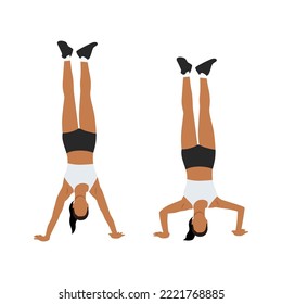 Woman doing handstand push up exercise. Flat vector illustration isolated on white background