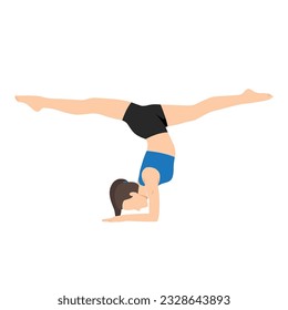 Woman doing Handstand with splits, variation of Pincha Mayurasana yoga exercise. Flat vector illustration isolated on white background