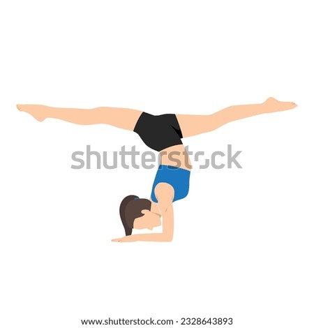 Woman doing Handstand with splits, variation of Pincha Mayurasana yoga exercise. Flat vector illustration isolated on white background
