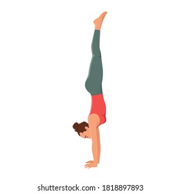 Woman doing Handstand yoga pose. Adho Mukha vrksasana. Flat vector illustration isolated on white background