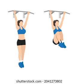 Woman doing Hanging knee raises exercise. Flat vector illustration isolated on white background