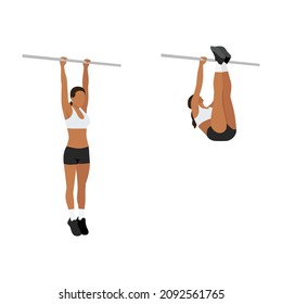 Woman doing Hanging leg raises to bar exercise. Flat vector illustration isolated on white background