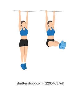 Woman doing hanging leg raises to bar flat vector illustration. Abdominals exercise isolated on white background