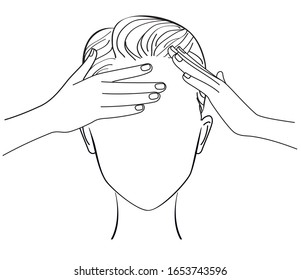 Woman doing head and face self massage. Vector illustration.
