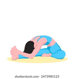 Woman doing head to knee forward bend pose Kanu sirsasana exercise. Flat vector illustration isolated on white background.