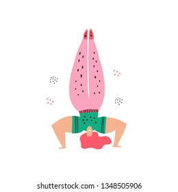 Woman doing headstand flat hand drawn illustration. Lady in upside down pose cartoon character. Fitness exercise, meditation color drawing. Gym, pilates, yoga classes isolated design element