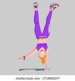 Mujer haciendo ilustración dibujada a mano plana en la cabeza. Las mujeres al revés posan el personaje de las caricaturas. Ejercicio de fitness, dibujo a color de meditación. Gimnasio, pilates, clases de yoga, elemento de diseño aislado.