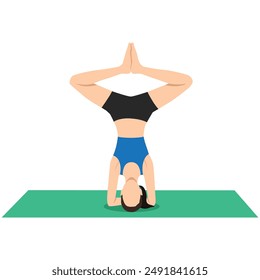 Woman doing Headstand Pose Bound Angle Legs or Salamba Sirsasana Baddha Konasana yoga exercise. Flat vector illustration isolated on white background