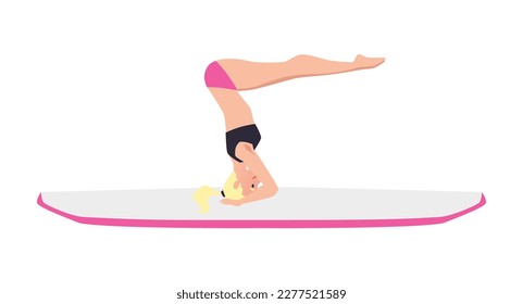 Woman doing headstand or shirshasana on paddleboard, flat vector illustration isolated on white background. Concepts of sup yoga and surfboard exercises.