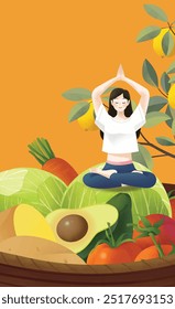 Mujer haciendo yoga saludable y muchas frutas y verduras cartel