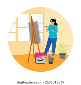 A woman is doing her hobby of painting on canvas in a brightly lit studio. Complete with colorful art supplies, potted plants, and natural sunlight from large windows. Drawing concept.