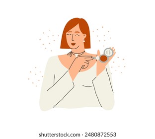 A woman is doing her makeup. Cosmetics, face care. Vector illustration drawn in flat style.