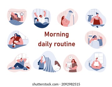 Woman is doing her morning routine. Set of vector illustrations in flat style.