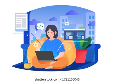 Woman doing her own research on laptop. Vector illustration.