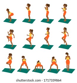 Woman doing her workout.Hand drawn flat style set.Young afro american girl doing fitness on the mat. Illustration of jumping and doing exercises woman. Concept of sport and healthy lifestyle.