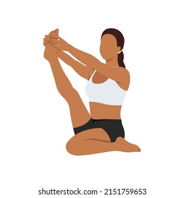 Woman doing heron pose krounchasana exercise. Flat vector illustration isolated on white background 