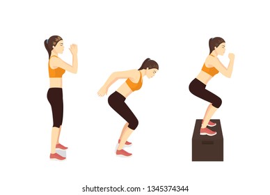 Woman doing High Box Jump exercise in 3 Step. Illustration about Workout position for lose weight.