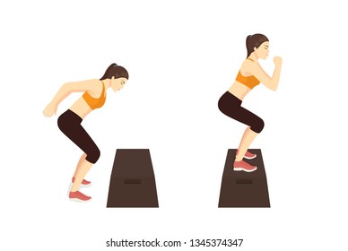 Woman doing High Box Jump exercise in 2 Step. Illustration about Workout diagram for guide.