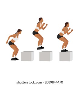 Woman doing High box jump exercise. Flat vector illustration isolated on white background