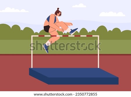 Woman doing high jump over bar, flat vector illustration. Professional high jumper. Concept of sports competition. Female track and field athlete.