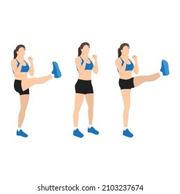 Woman doing High kicks exercise. Flat vector illustration isolated on white background