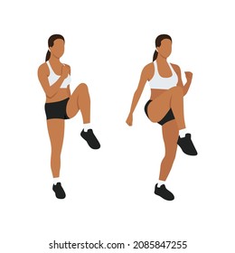 Mujer haciendo rodillas altas. elevaciones de rodilla delantera. run.jog en el ejercicio sobre el terreno. Ilustración vectorial plana aislada en fondo blanco