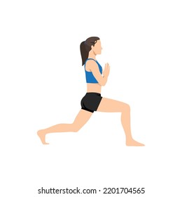 Woman doing High lunge quad stretch, Alanasan. Practice Ashta Chandrasana. Flat vector illustration isolated on white background