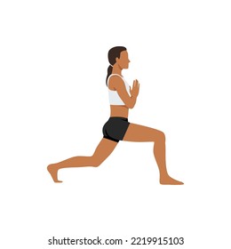 Woman doing High lunge quad stretch, Alanasan. Practice Ashta Chandrasana. Flat vector illustration isolated on white background