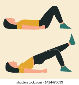 Woman doing hip bridge with extension. Illustrations of glute exercises and workouts. Flat vector illustration. 