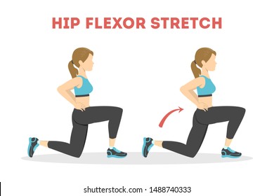 Woman Doing Hip Flexor Stretch Exercise. Idea Of Healthy And Active Lifestyle. Sport Workout, Cool Down. Isolated Vector Illustration In Cartoon Style