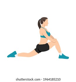 Woman doing hip flexor stretch exercise flat vector illustration isolated on white background